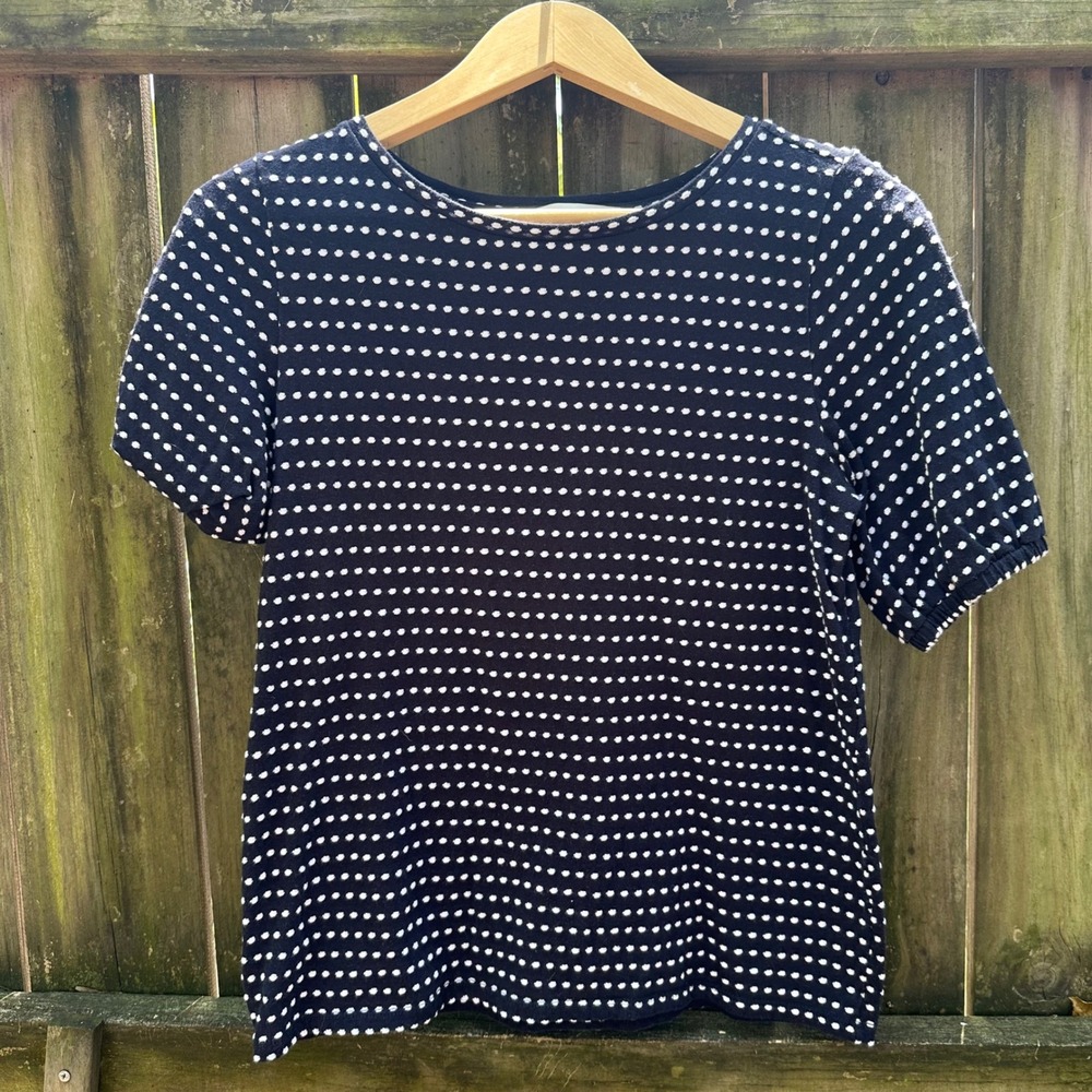 LOFT Navy Blue White Polka Dot Textured‎ Jacquard Short Sleeve Sz Small Nautical